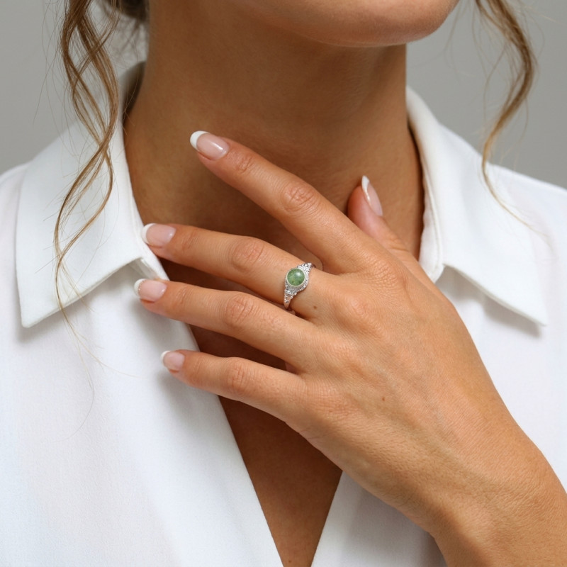 Bague Argent 925 Aventurine Cabochon Rond 6mm porté