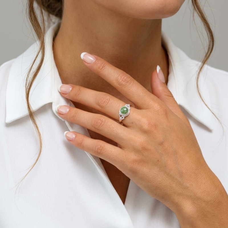 Bague Argent 925 Aventurine Cabochon Rond 7mm porté