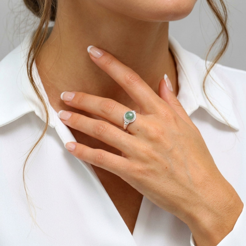 Bague Argent 925 Aventurine Cabochon Rond 8mm porté