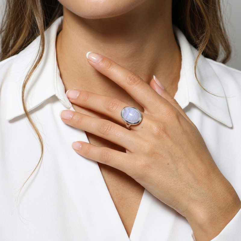 Bague Argent 925 Calcédoine Cabochon Ovale 18x12mm porté
