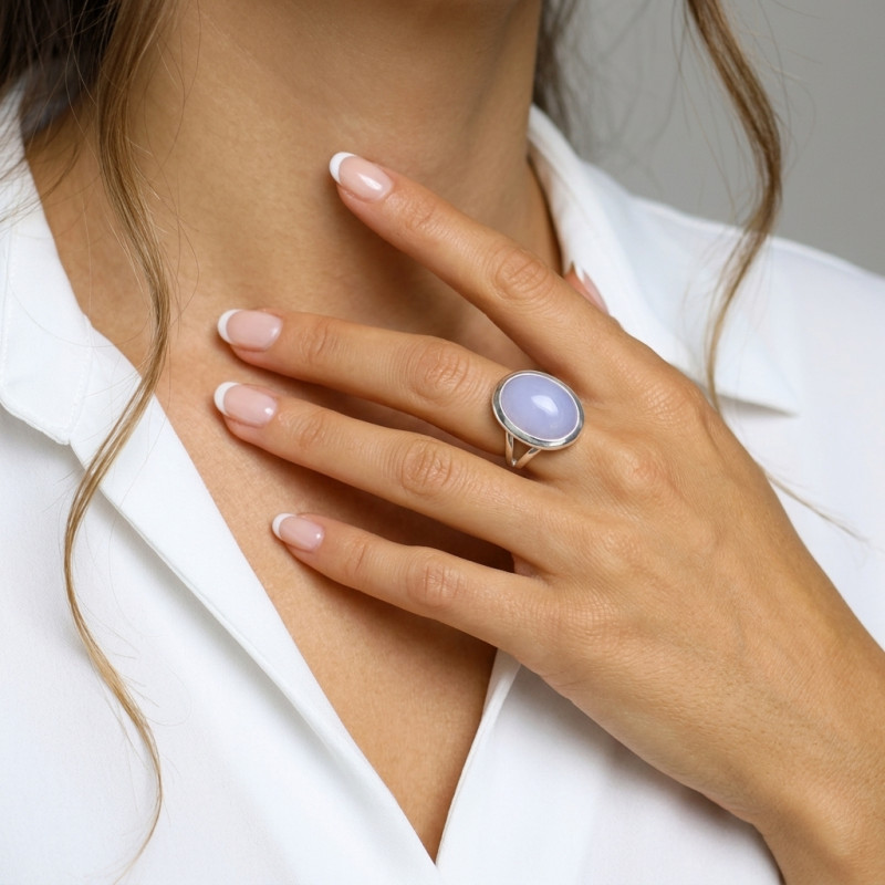 Bague Argent 925 Calcédoine Cabochon Ovale 20x15mm porté