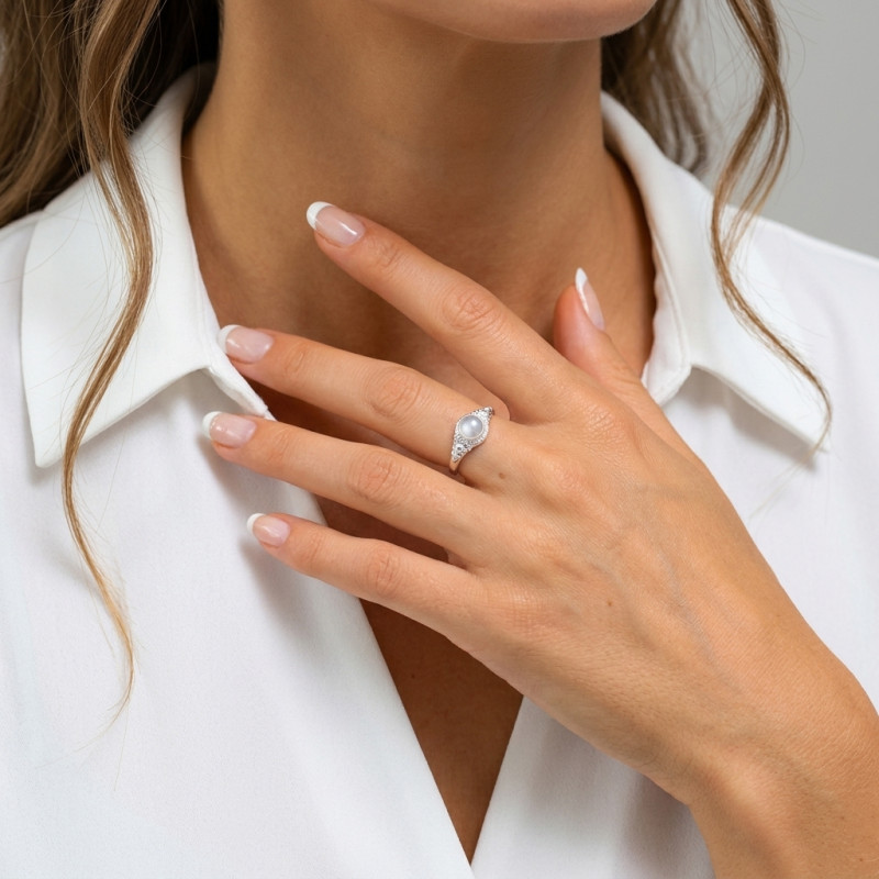 Bague Argent 925 Calcédoine Cabochon Rond 6mm porté