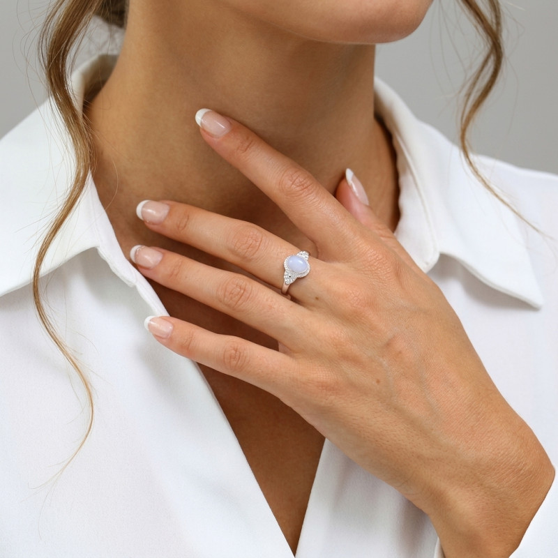 Bague Argent 925 Calcédoine Ovale 8x6mm porté