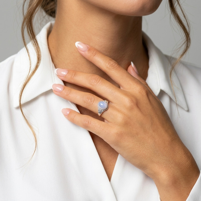 Bague Argent 925 Calcédoine Ovale 9x7mm porté