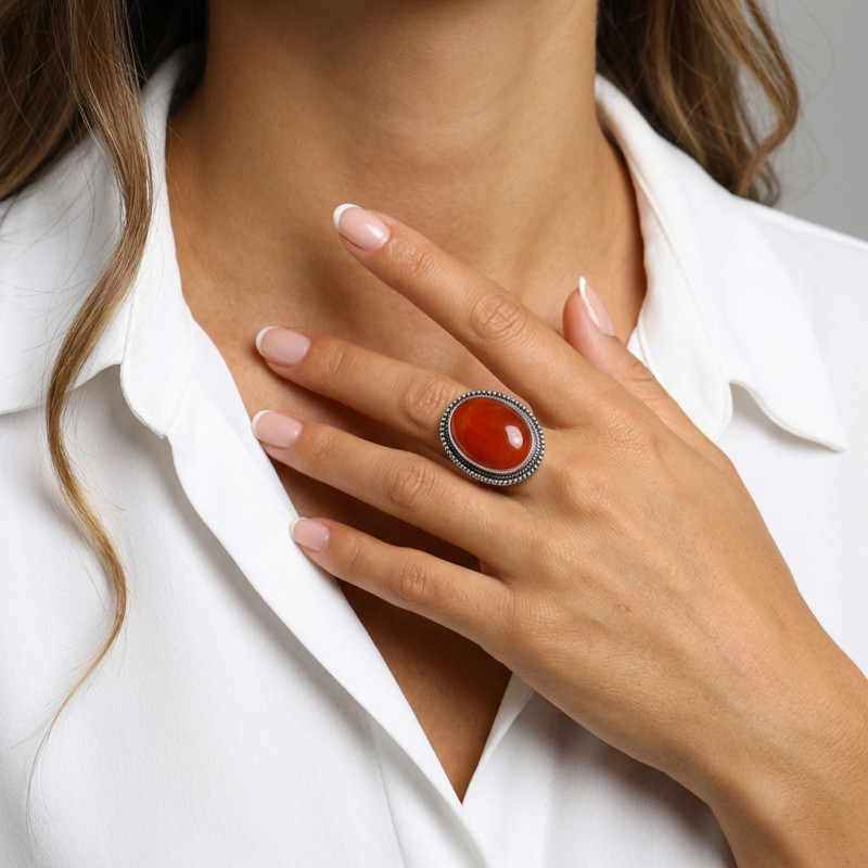 Bague Argent 925 Cornaline Cabochon Ovale 25x18mm porté