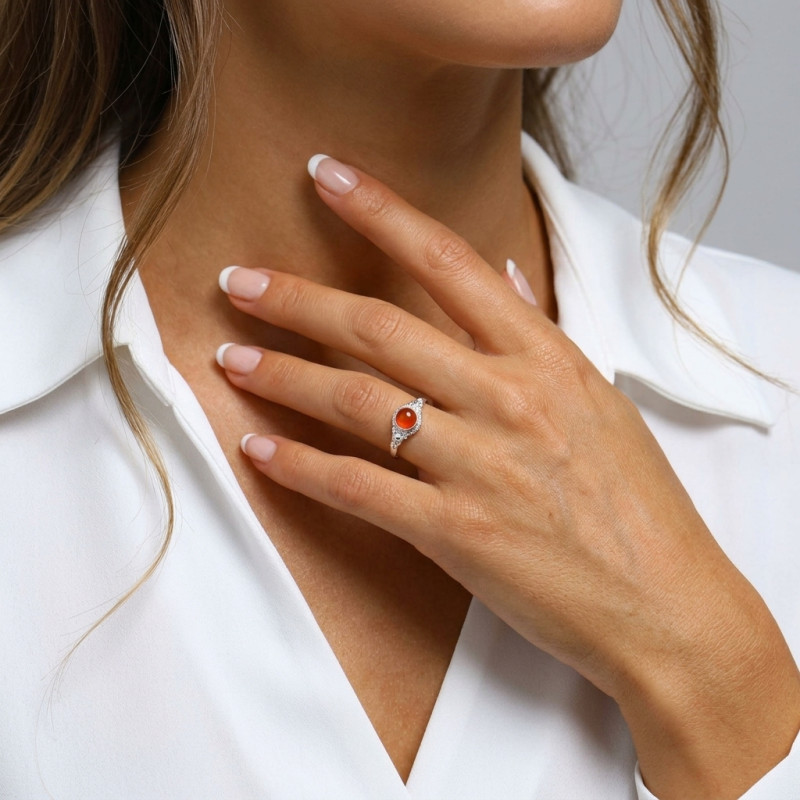 Bague Argent 925 Cornaline Cabochon Rond 6mm porté