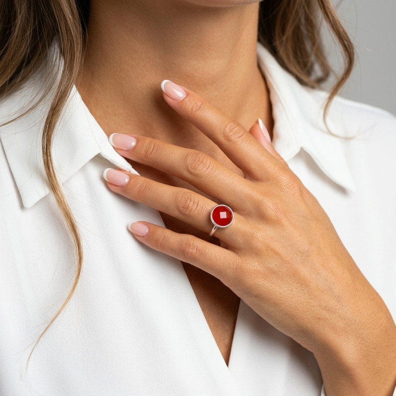 Bague Argent 925 Cornaline Ronde 12mm porté