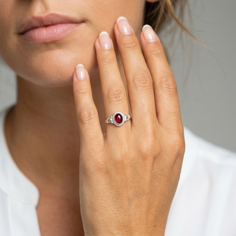 Bague Argent 925 Grenat Ovale 7x5mm porté