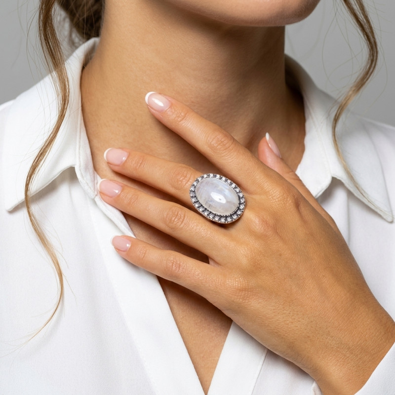 Bague Argent 925 Labradorite Cabochon Ovale 30x20mm porté