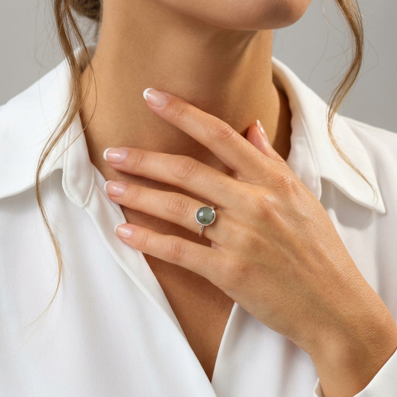 Bague Argent 925 Labradorite Ronde 12mm porté