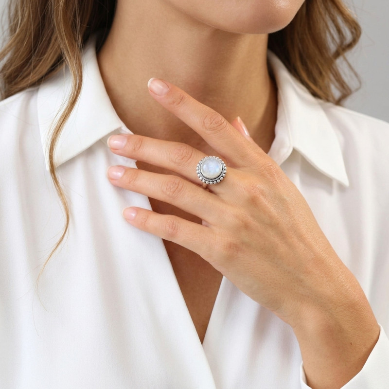 Bague Argent 925 Labradorite Ronde 12mm porté