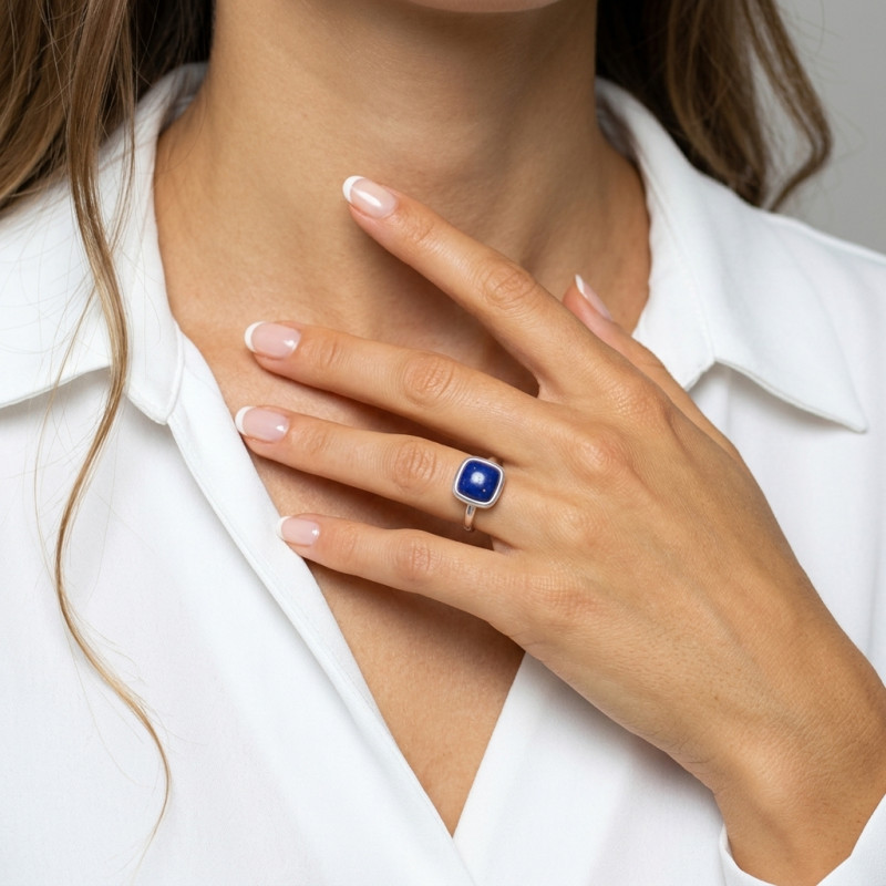 Bague Argent 925 Lapis Lazuli Cabochon Coussin 10x10mm porté