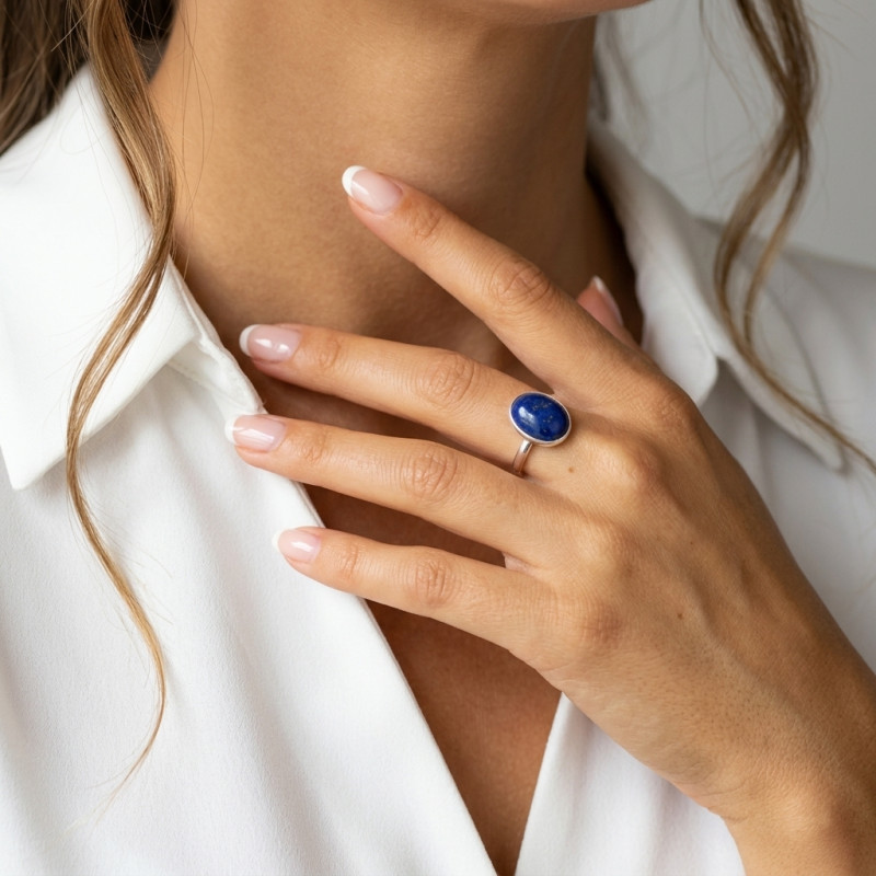 Bague Argent 925 Lapis Lazuli Cabochon Ovale 14x10mm porté