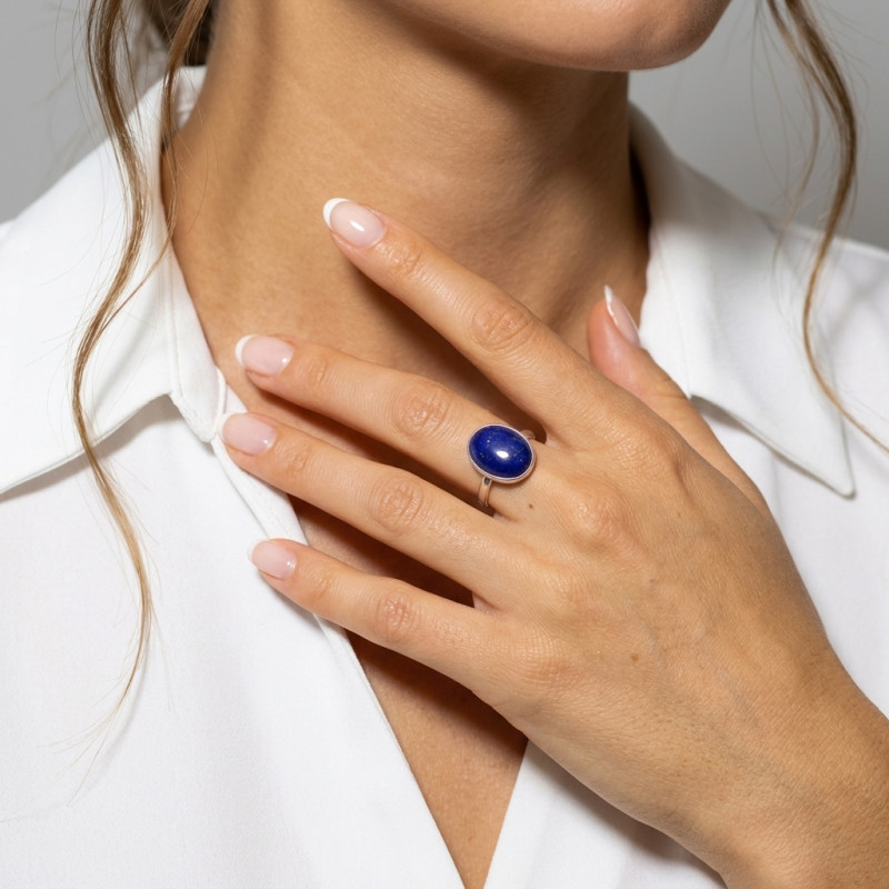 Bague Argent 925 Lapis Lazuli Cabochon Ovale 16x12mm porté