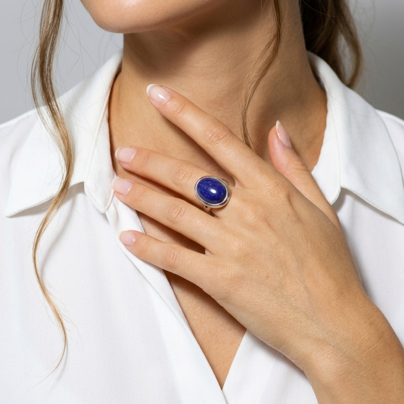 Bague Argent 925 Lapis Lazuli Cabochon Ovale 18x12mm porté