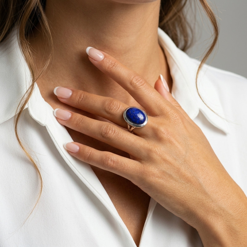 Bague Argent 925 Lapis Lazuli Cabochon Ovale 20x15mm porté