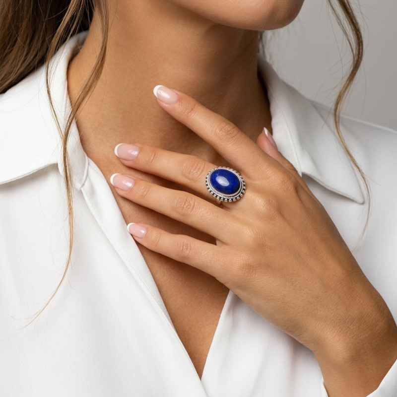 Bague Argent 925 Lapis Lazuli Cabochon Ovale 20x15mm porté