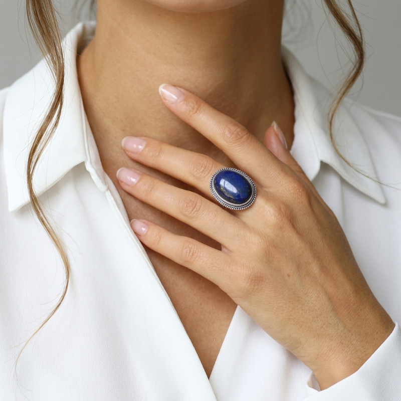 Bague Argent 925 Lapis Lazuli Cabochon Ovale 25x18mm porté