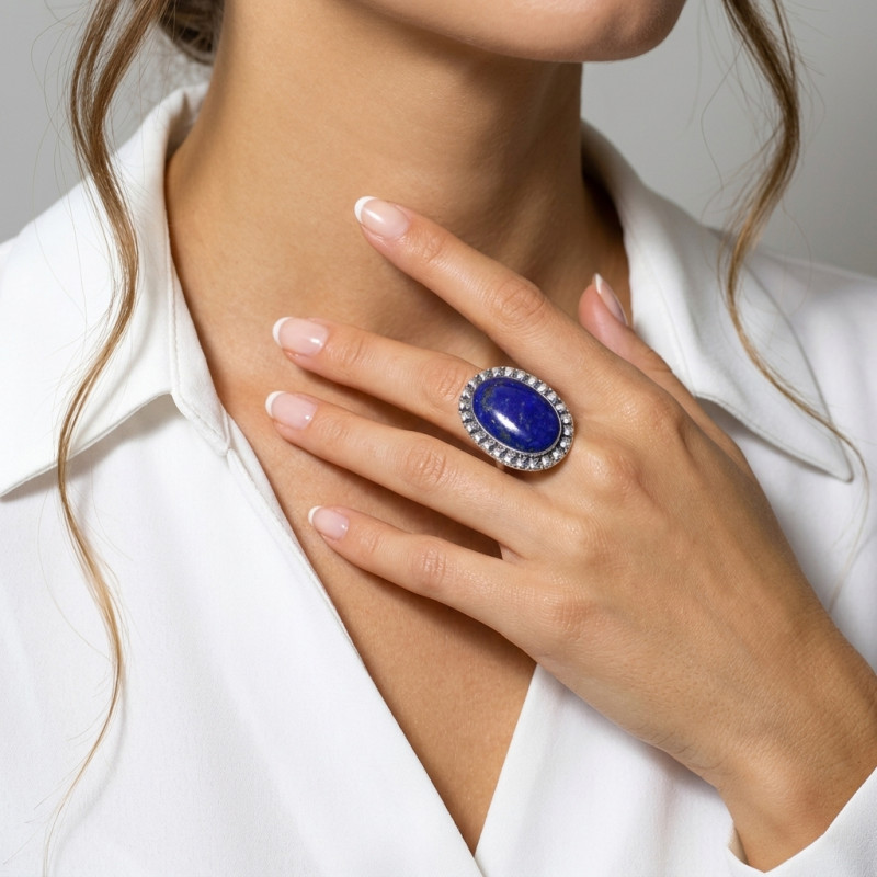 Bague Argent 925 Lapis Lazuli Cabochon Ovale 30x20mm porté