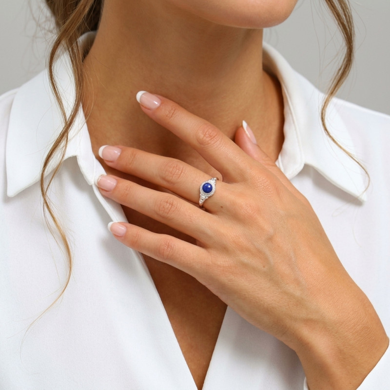 Bague Argent 925 Lapis Lazuli Cabochon Rond 6mm porté