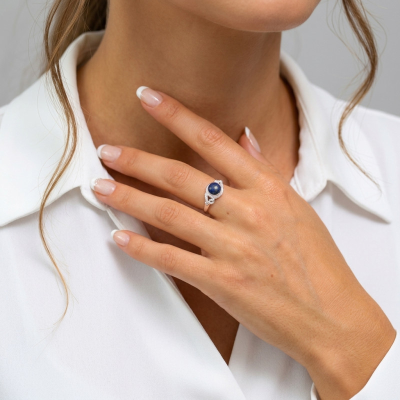 Bague Argent 925 Lapis Lazuli Cabochon Rond 7mm porté