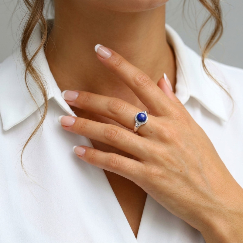Bague Argent 925 Lapis Lazuli Cabochon Rond 8mm porté
