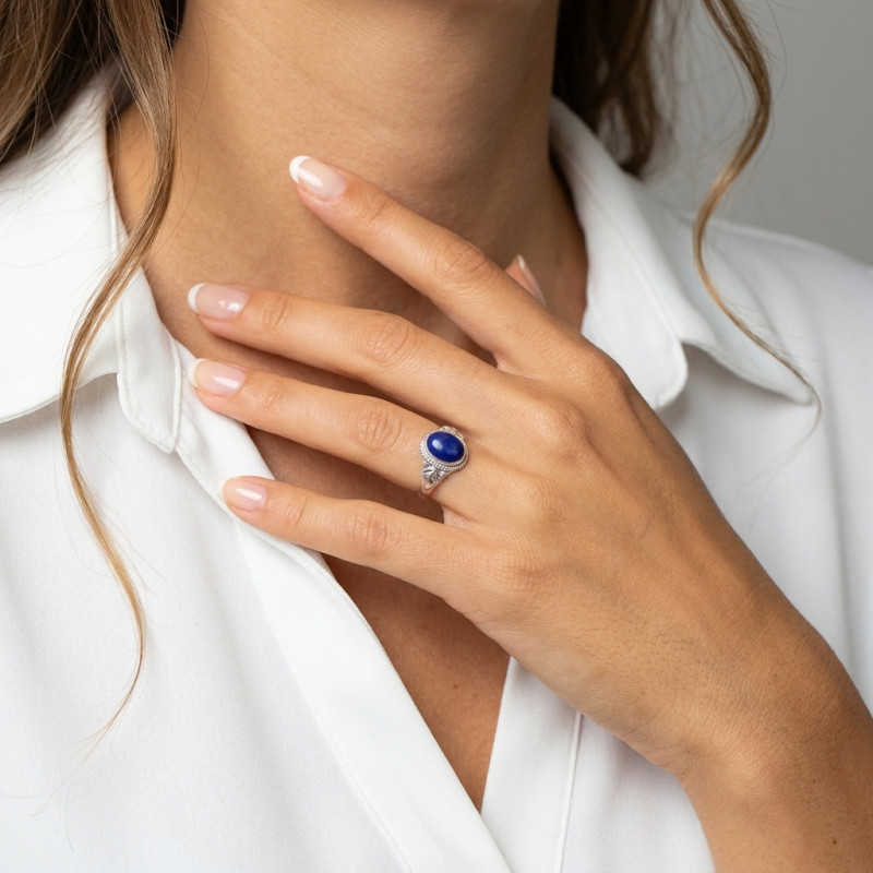 Bague Argent 925 Lapis Lazuli Ovale 9x7mm porté