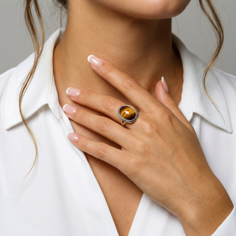 Bague Argent 925 Oeil de tigre Cabochon Ovale 20x15mm porté