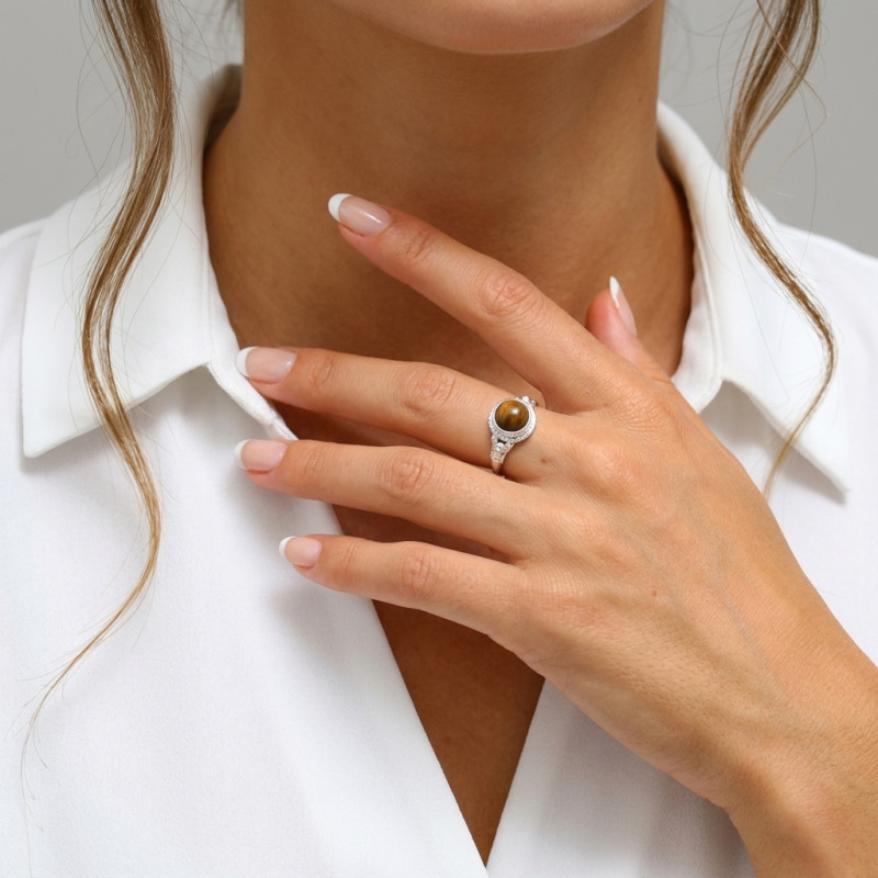 Bague Argent 925 Oeil de tigre Cabochon Rond 8mm porté