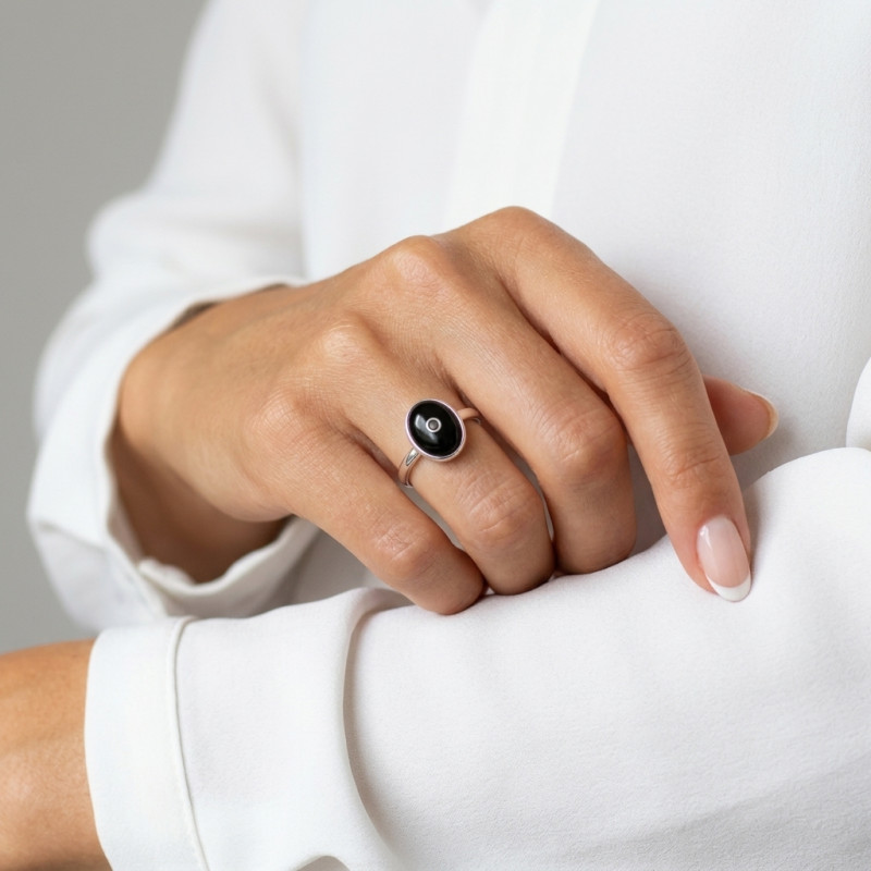 Bague Argent 925 Onyx Cabochon Ovale 14x10mm porté