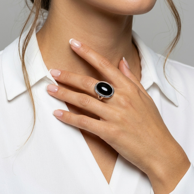 Bague Argent 925 Onyx Cabochon Ovale 20x15mm porté