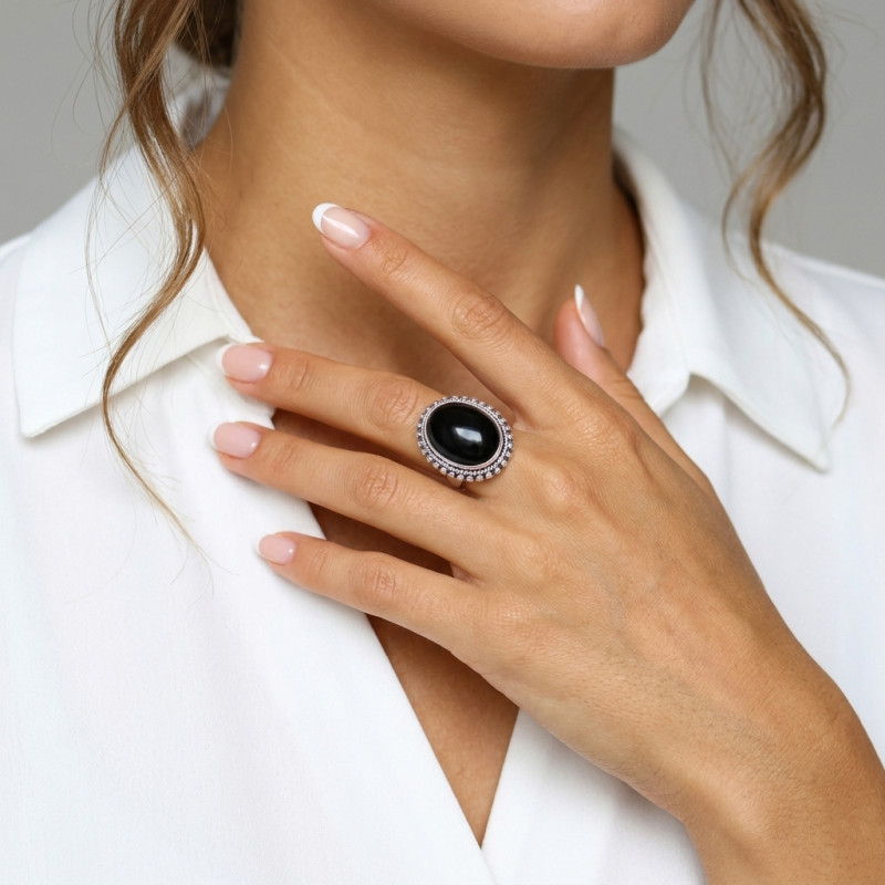 Bague Argent 925 Onyx Cabochon Ovale 20x15mm porté