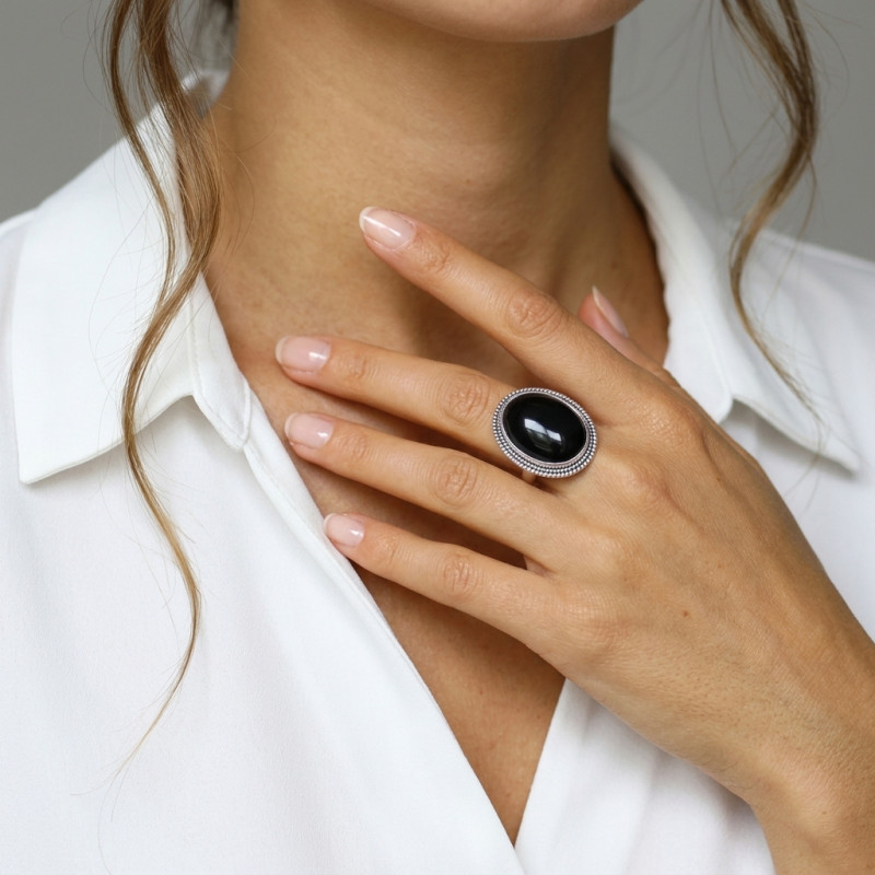 Bague Argent 925 Onyx Cabochon Ovale 25x18mm porté