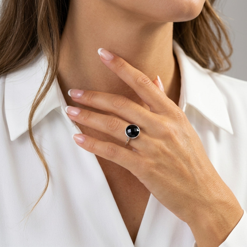 Bague Argent 925 Onyx Rond 12mm porté