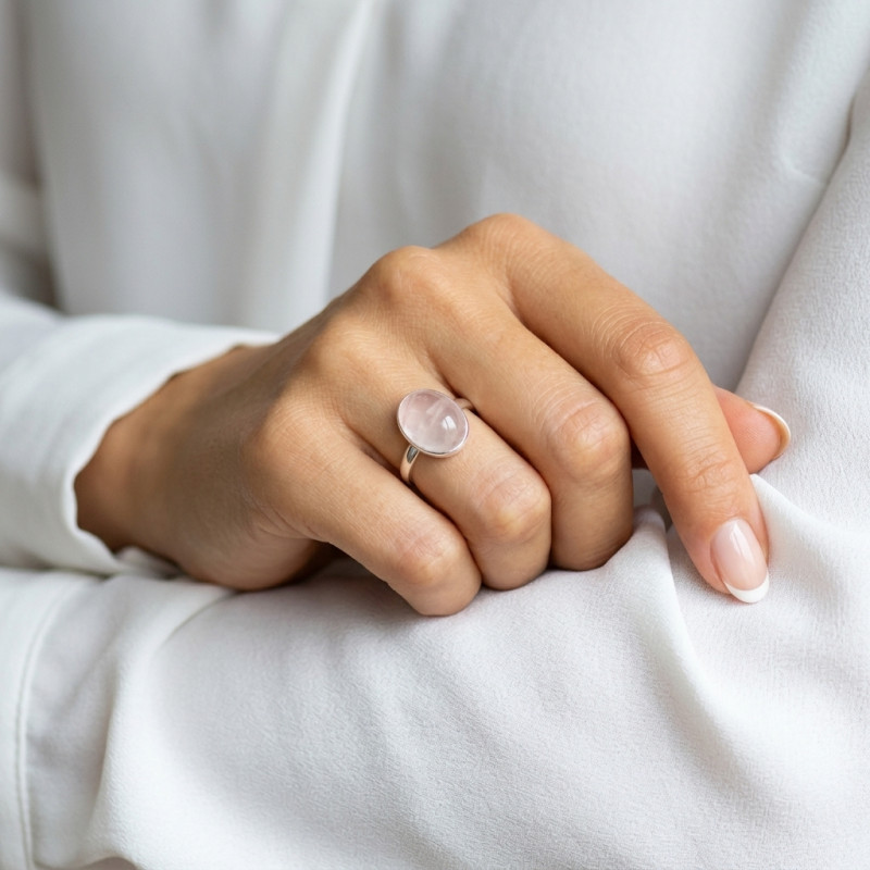Bague Argent 925 Quartz Rose Cabochon Ovale 14x10mm porté