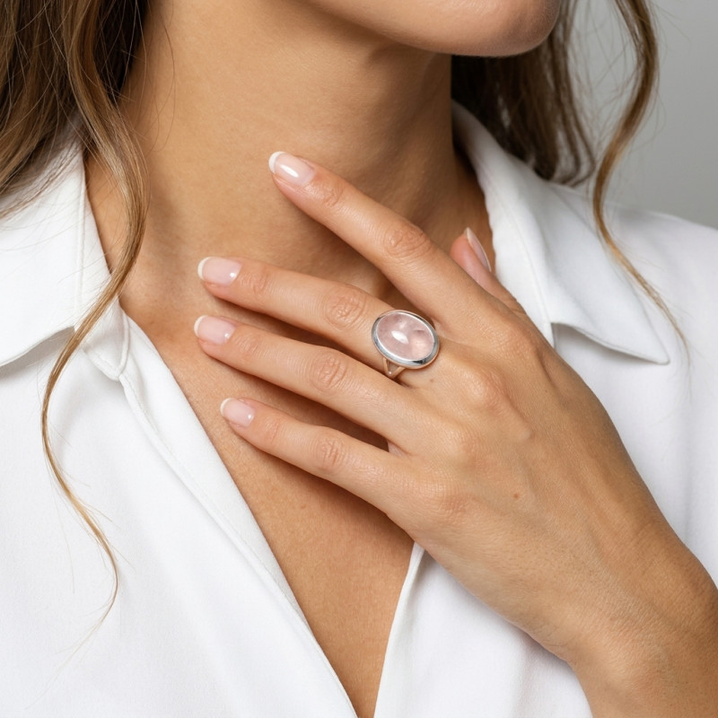 Bague Argent 925 Quartz Rose Cabochon Ovale 18x12mm porté