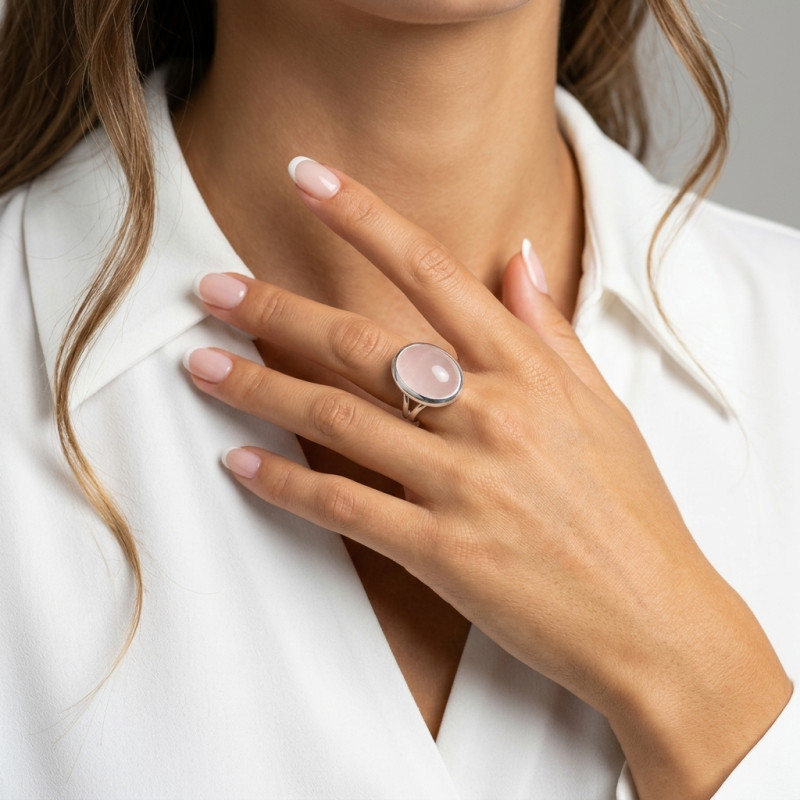Bague Argent 925 Quartz Rose Cabochon Ovale 20x15mm porté