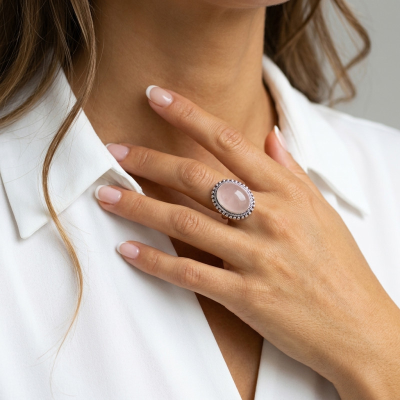 Bague Argent 925 Quartz Rose Cabochon Ovale 20x15mm porté