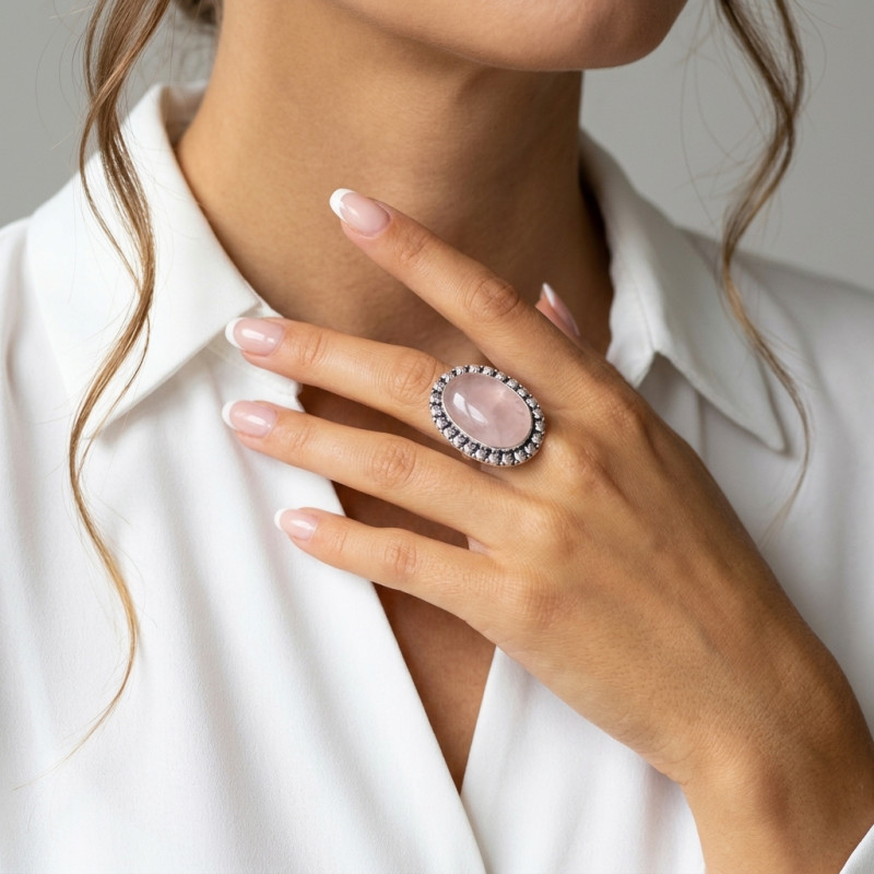 Bague Argent 925 Quartz Rose Cabochon Ovale 30x20mm porté