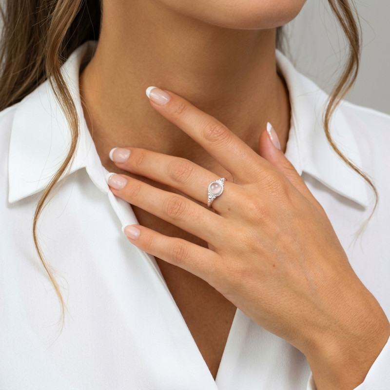Bague Argent 925 Quartz Rose Cabochon Rond 6mm porté