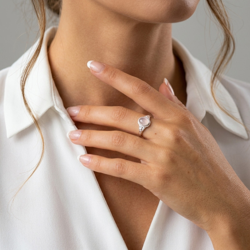 Bague Argent 925 Quartz Rose Ovale 8x6mm porté