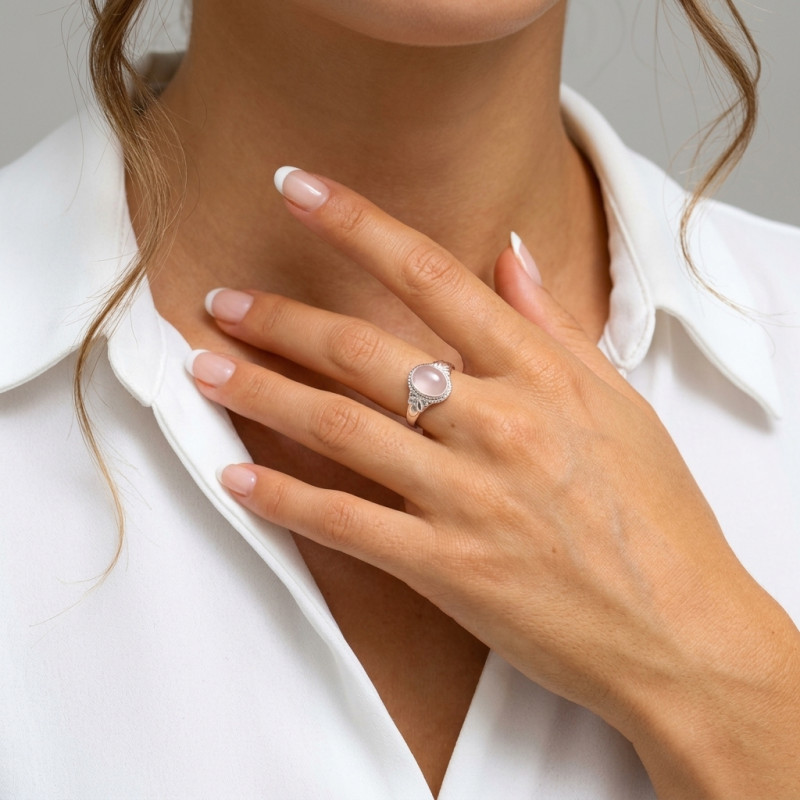 Bague Argent 925 Quartz Rose Ovale 9x7mm porté