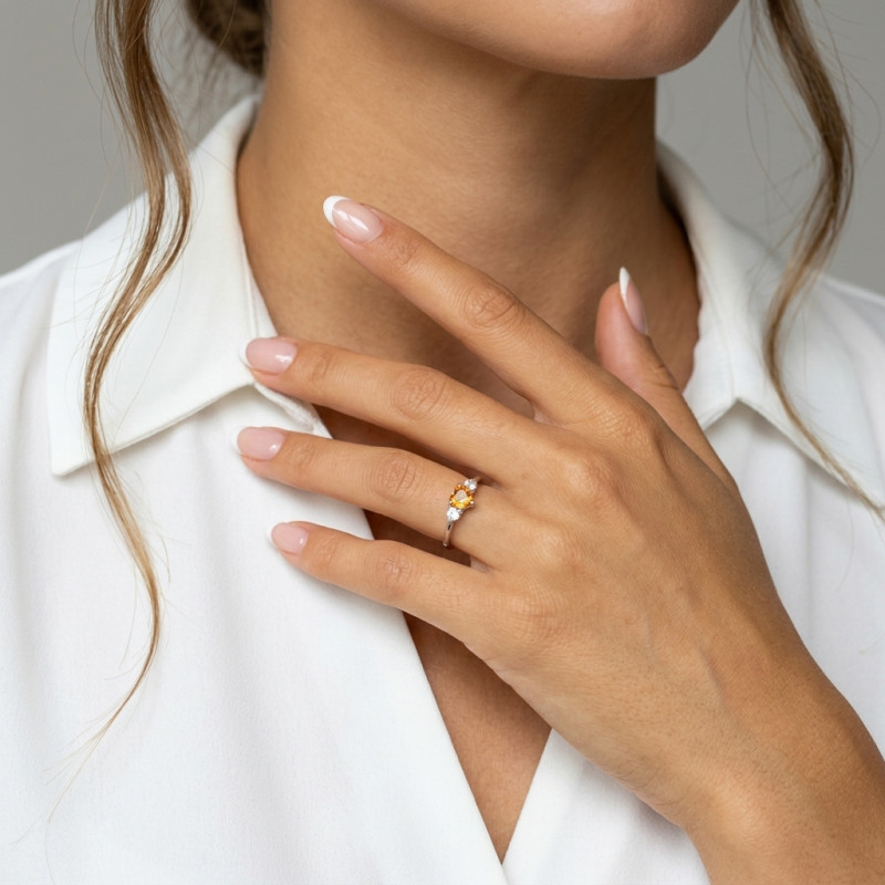 Bague Argent 925 Rhodié Citrine Coeur et Oxydes porté