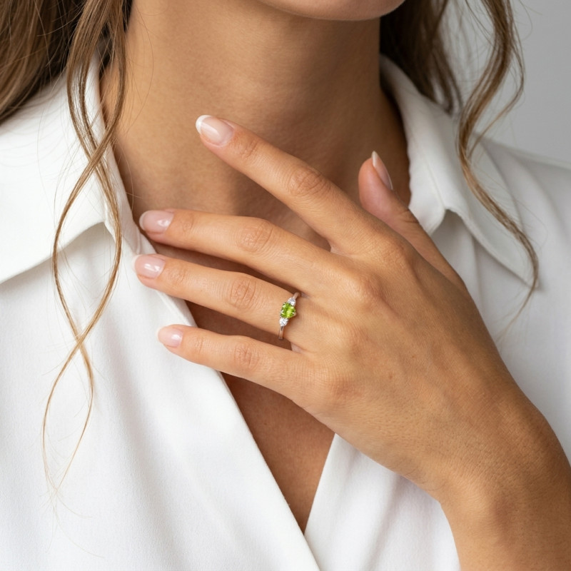Bague Argent 925 Rhodié Péridot Coeur et Oxydes porté