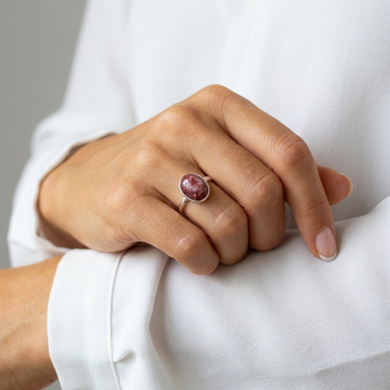 Bague Argent 925 Rhodonite Cabochon Ovale 14x10mm porté