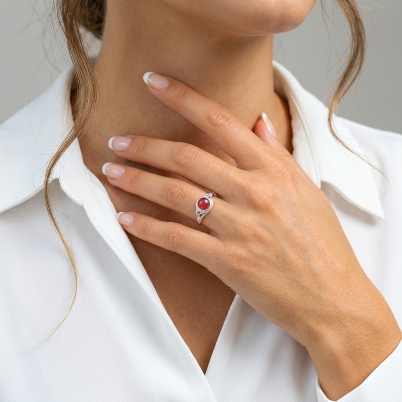 Bague Argent 925 Rhodonite Cabochon Rond 7mm porté