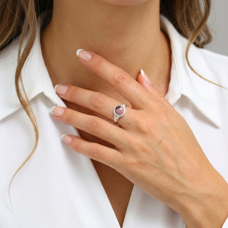 Bague Argent 925 Rhodonite Cabochon Rond 8mm porté