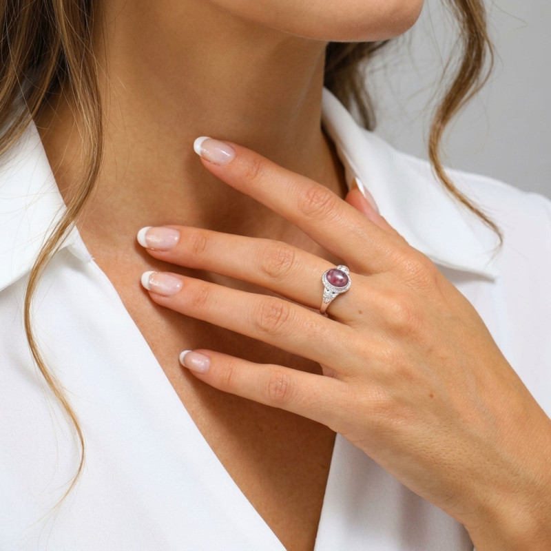 Bague Argent 925 Rhodonite Ovale 8x6mm porté