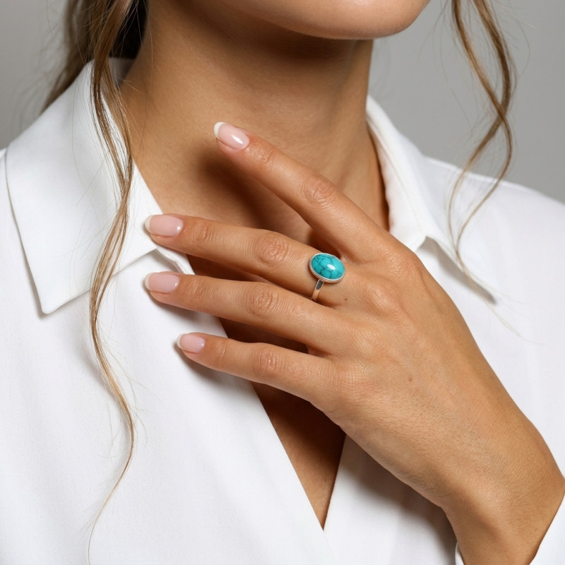 Bague Argent 925 Turquoise Reconstituée Cabochon Ovale 14x10mm porté