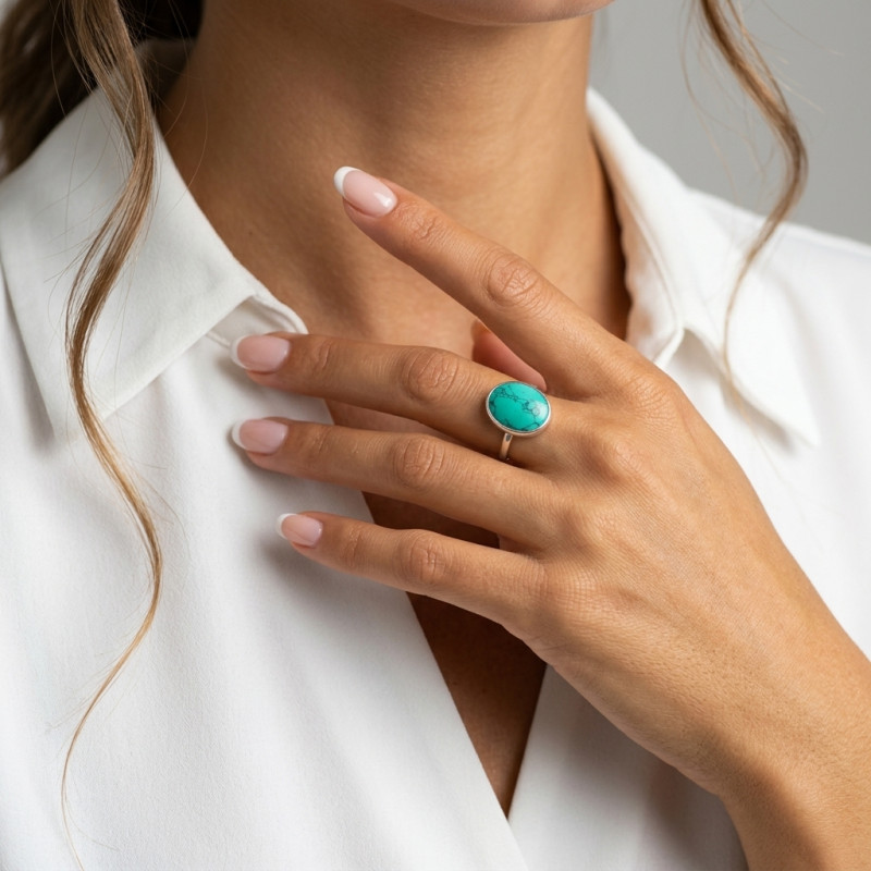Bague Argent 925 Turquoise Reconstituée Cabochon Ovale 16x12mm porté